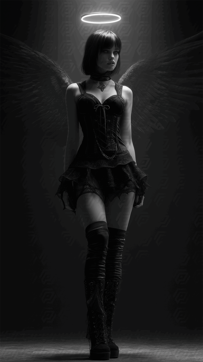 Gothic Angel Woman With Black Wings and Halo
