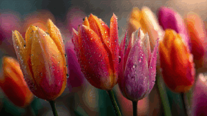 Vibrant Dewy Tulips in Mixed Colors Under Soft Sunrise Light