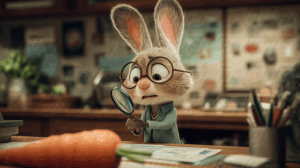 Cartoon Bunny Detective Studying Carrot in Cozy Office Scene
