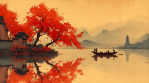 Autumn River Scene with Village and Travelers