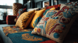 Close-Up of Colorful Embroidered Pillows on a Cozy Couch