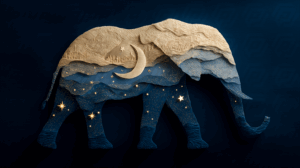 Elephant Shaped Paper Cutout With Night Sky and Moon