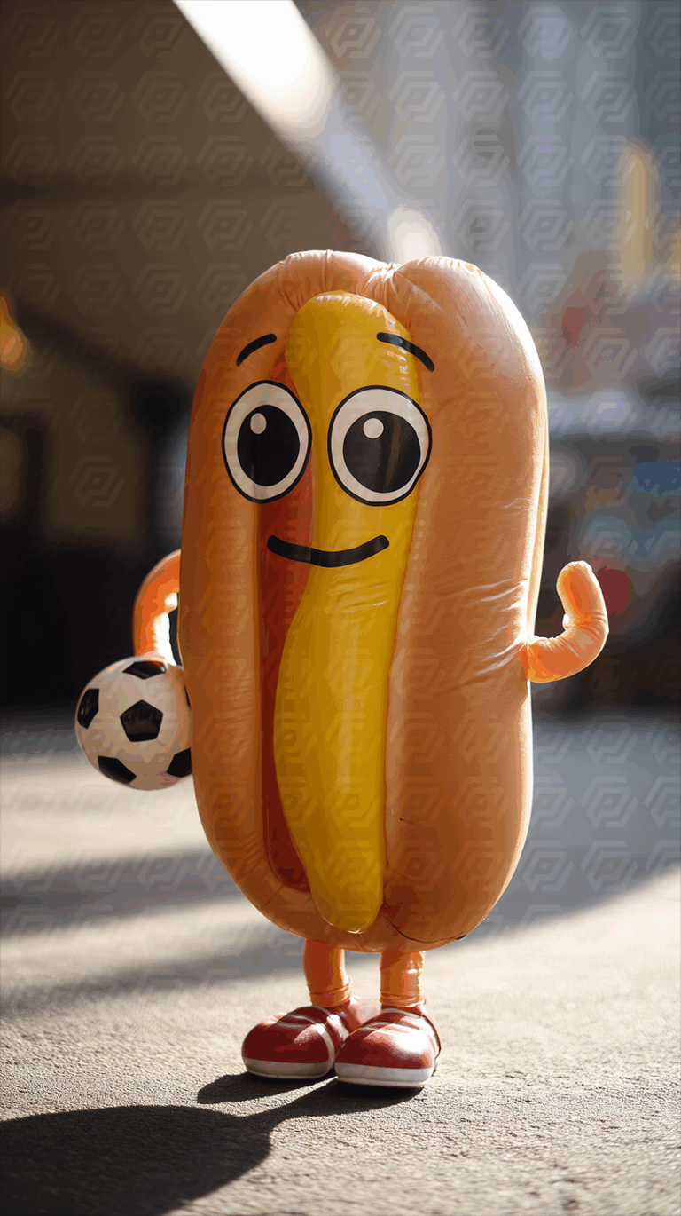 Inflatable Hot Dog Mascot With Soccer Ball In Urban Setting