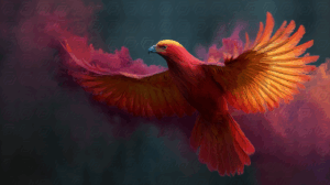 Flaming Red Phoenix Soaring Through Smoke
