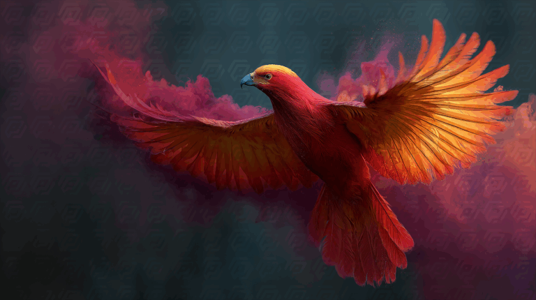 Flaming Red Phoenix Soaring Through Smoke