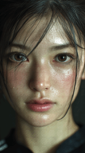 Young Woman With Dewy Skin And A Tear Or Sweat Droplet