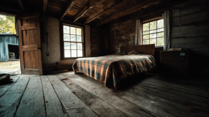 Rustic Bedroom With Open Door And Checkered Bedspread
