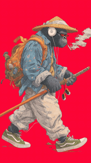 Gorilla Traveler in Straw Hat With Katana and Headphones