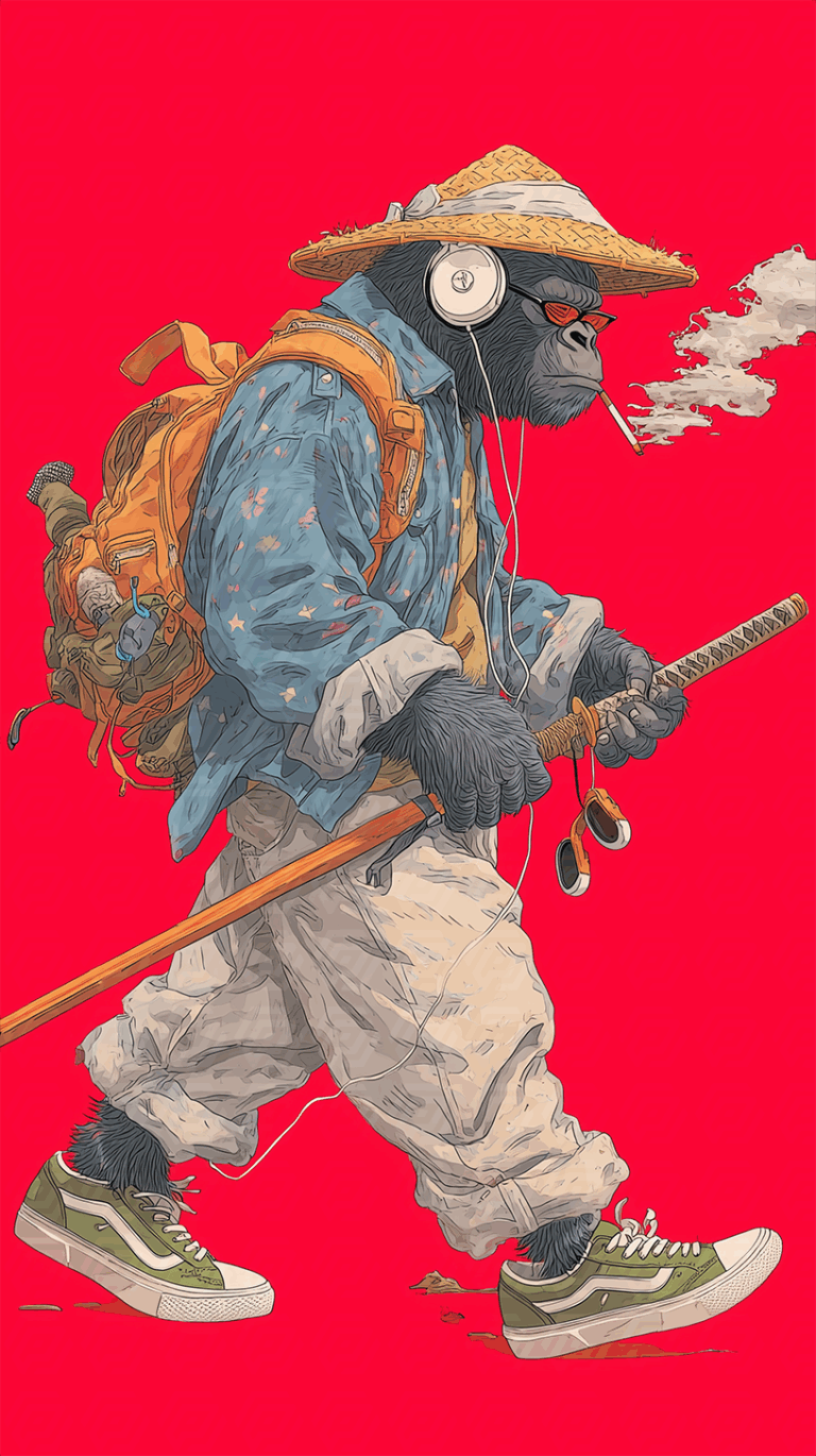 Gorilla Traveler in Straw Hat With Katana and Headphones