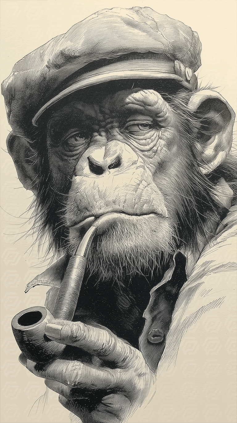 Vintage Ink Drawing Of A Chimpanzee With Pipe And Cap