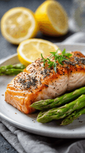 Seared Salmon Fillet with Black Pepper and Asparagus Garnish