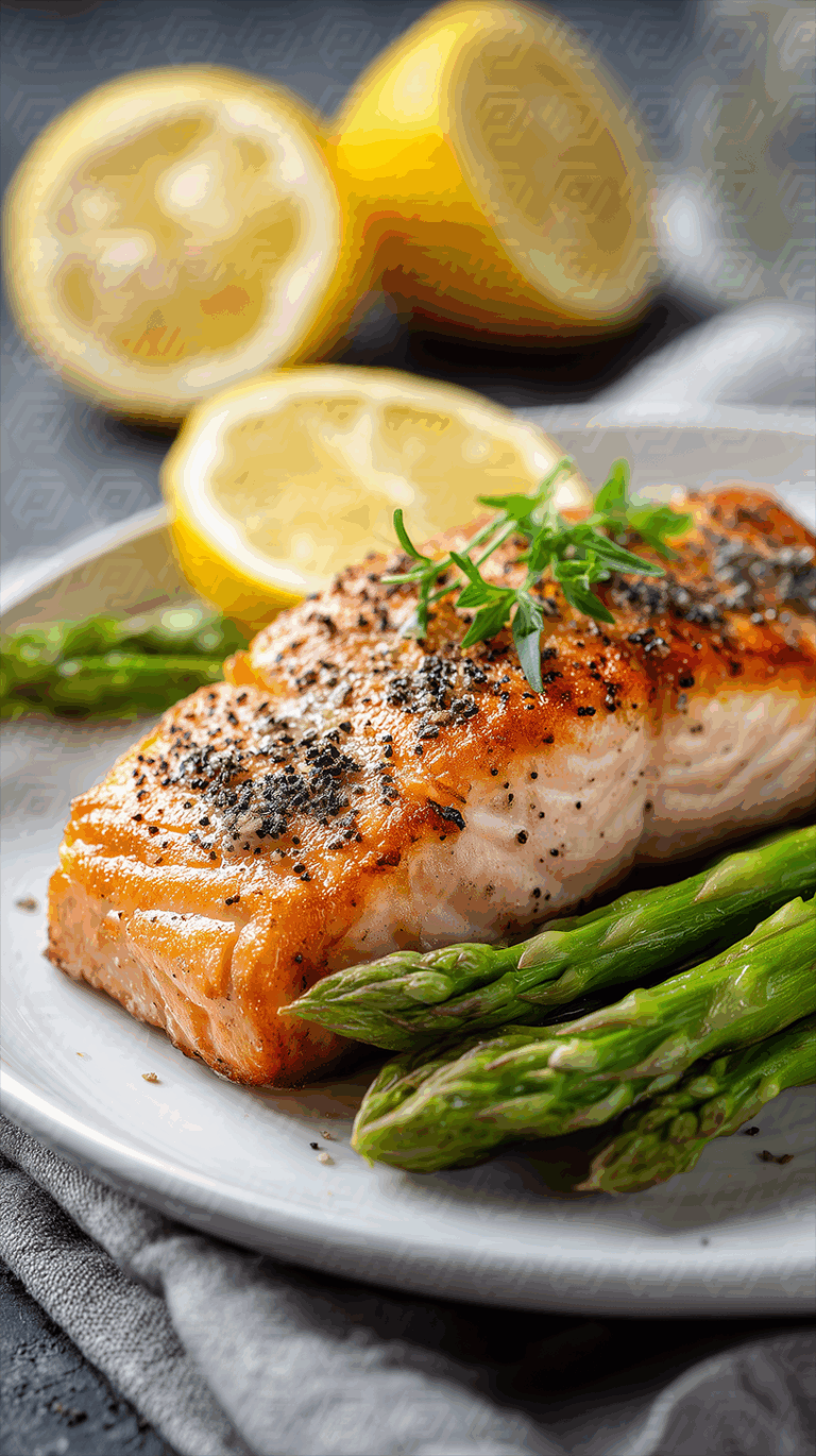 Seared Salmon Fillet with Black Pepper and Asparagus Garnish