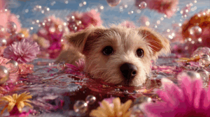 Adorable Puppy Surrounded by Blossoms and Bubbles
