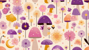 Cartoon Mushrooms and Flowers With Sparkles in Soft Tones