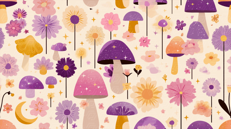 Cartoon Mushrooms and Flowers With Sparkles in Soft Tones