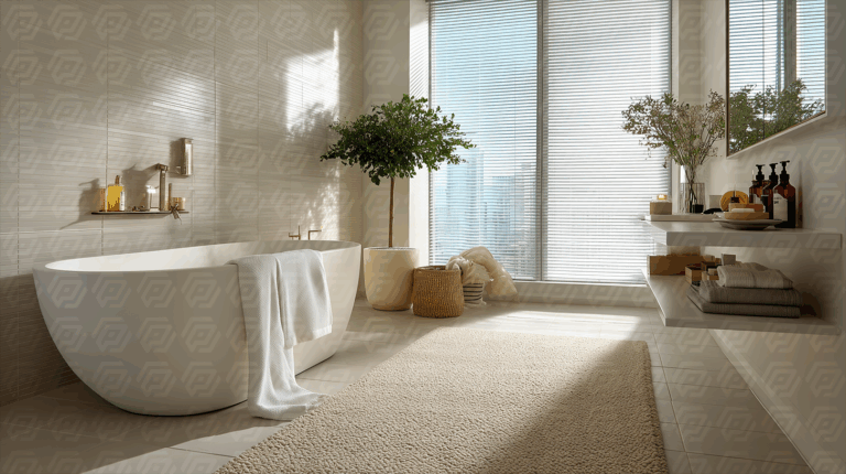 Stylish Bathroom With Freestanding Tub Window Light And Plant