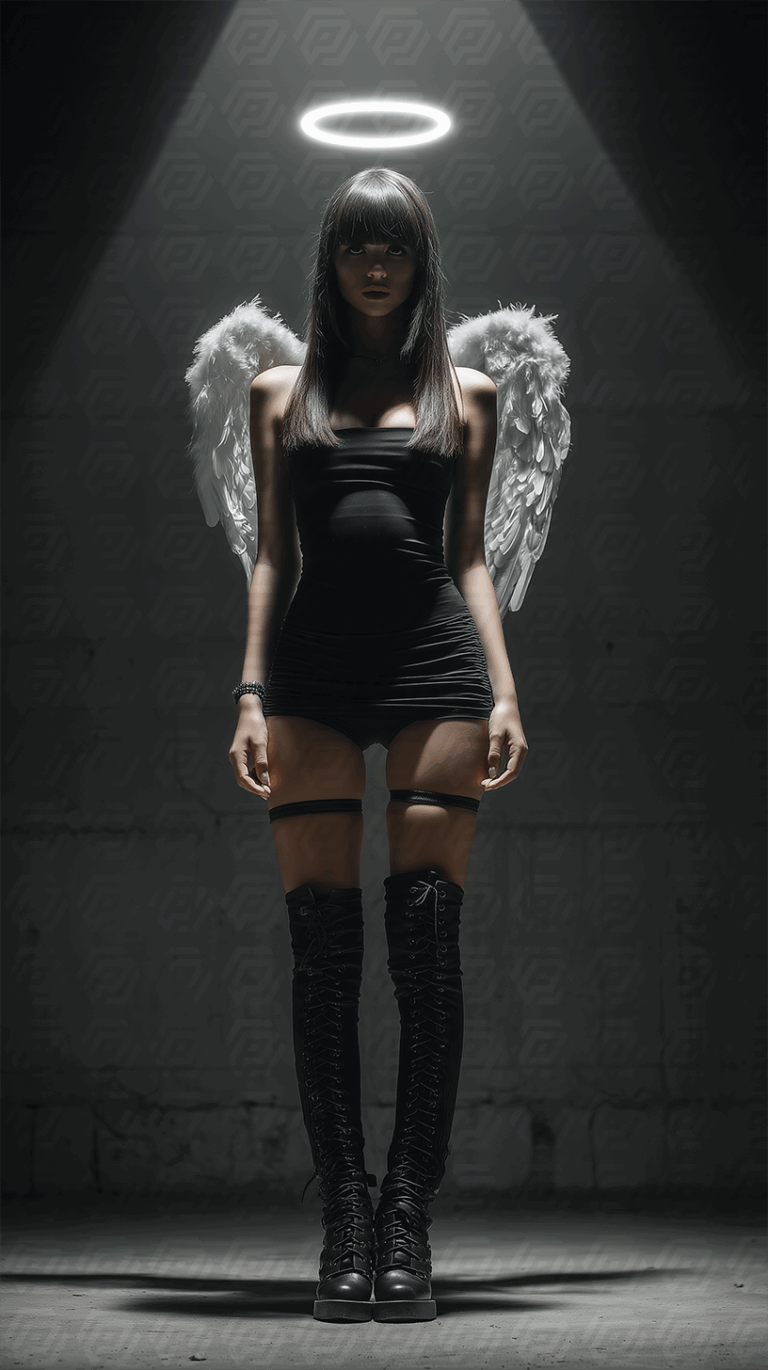Modern Angel Woman With White Wings in Urban Light
