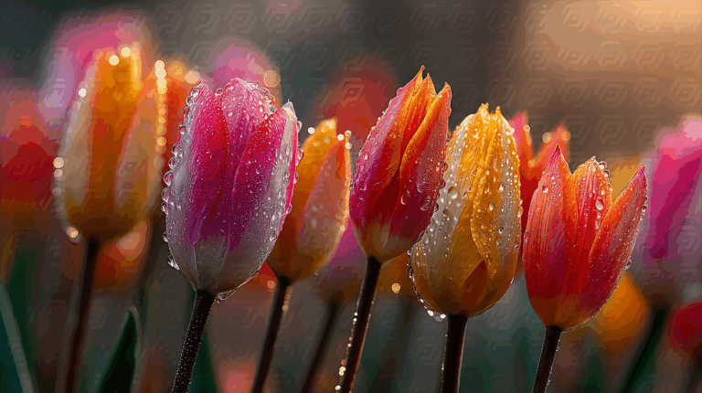Elegant Row of Dew-Kissed Tulips in Natural Light