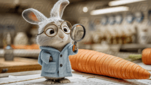 Happy Cartoon Bunny with Glasses Holding Magnifying Glass Beside Carrot