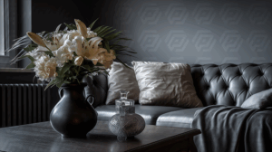Elegant Grey Living Room with Leather Sofa and Floral Vase