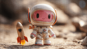 Cute Astronaut Toy on Rocky Terrain Beside Heart-Shaped Rocket