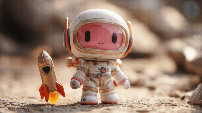 Cute Astronaut Toy on Rocky Terrain Beside Heart-Shaped Rocket
