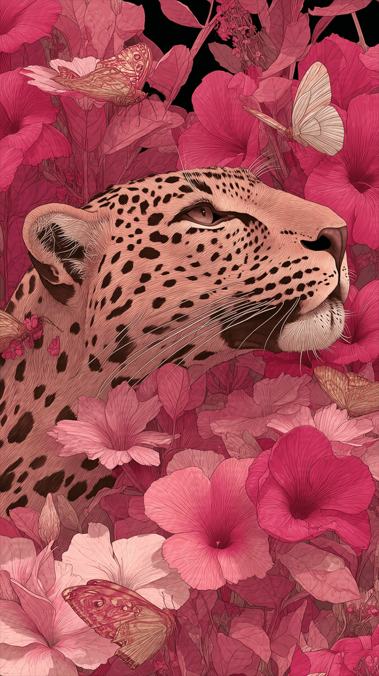 Illustrated Leopard Among Pink Tropical Flowers and Butterflies