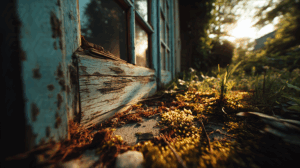 Overgrown Garden And Weathered Wooden Wall At Sunset