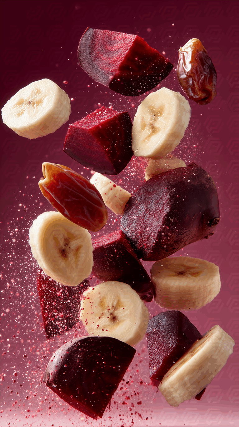Floating Banana Beet Date Smoothie Ingredients in Air