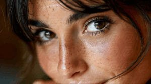Close-Up Portrait of Woman With Freckles and Glossy Skin