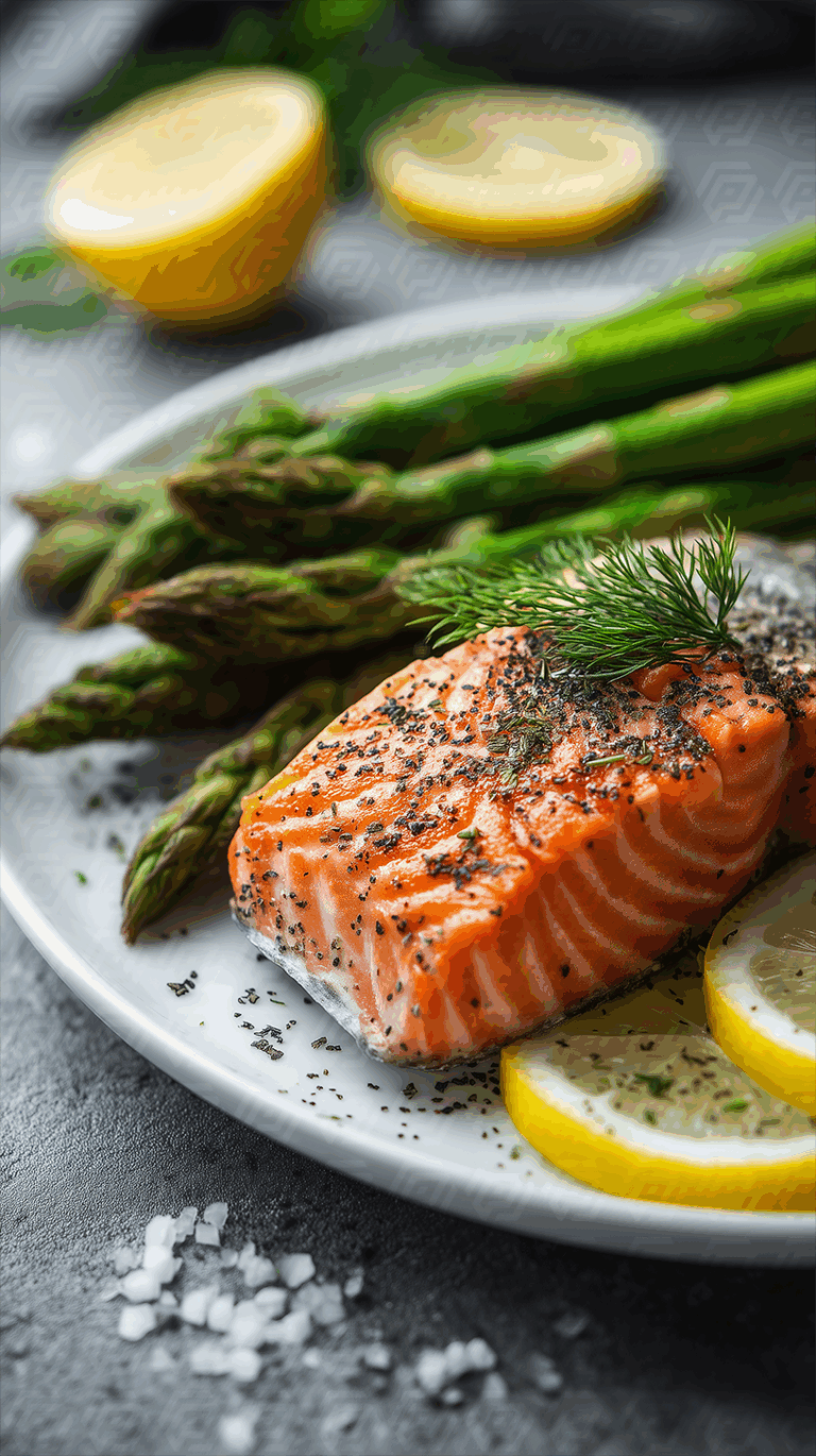 Raw Seasoned Salmon Fillet with Asparagus and Lemon Slices