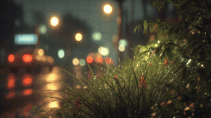 Flowering Grass and Streetlights Reflected on Rainy Suburban Road