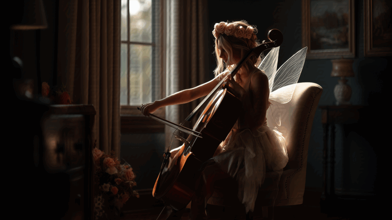 Fairy Girl Playing Cello In Sunlit Room