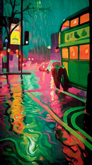 Rainy Night Street Scene With Neon Reflections