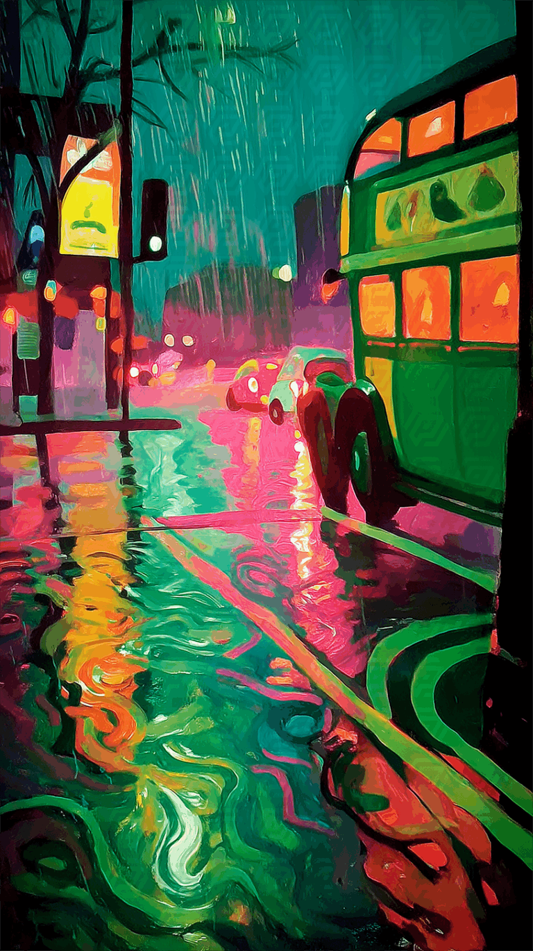 Rainy Night Street Scene With Neon Reflections