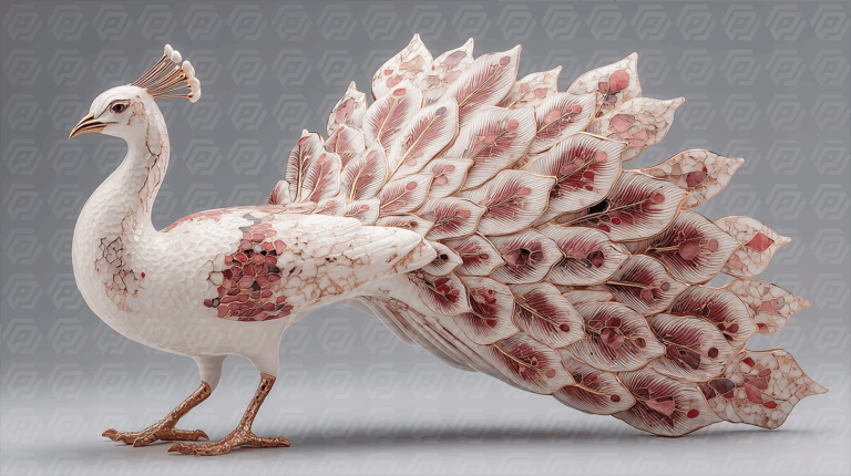 Elegant Ceramic Peacock with Petal-Style Tail in Pink and Gold