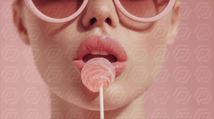 Close-Up of Woman with Pink Sunglasses and Lollipop