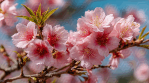 Close-Up of Cherry Blossom Branch Against Blue Sky