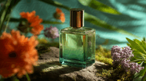 Elegant Perfume Bottle in Nature with Orange and Purple Flowers