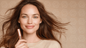 Natural Beauty Woman Holding Rose Gold Lip Gloss
