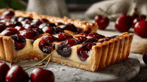 Cherry Tart With Custard Filling On Marble Surface