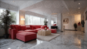 Bright Minimalist Living Room with Red Sectional Sofa and White Interiors