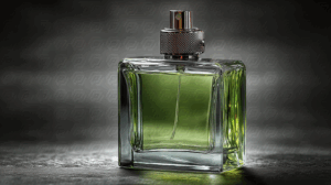 Stylish Green Cologne Bottle On Dark Background