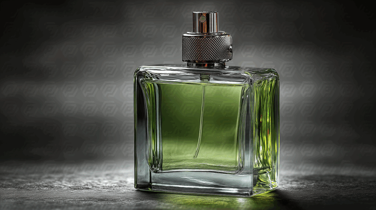 Stylish Green Cologne Bottle On Dark Background