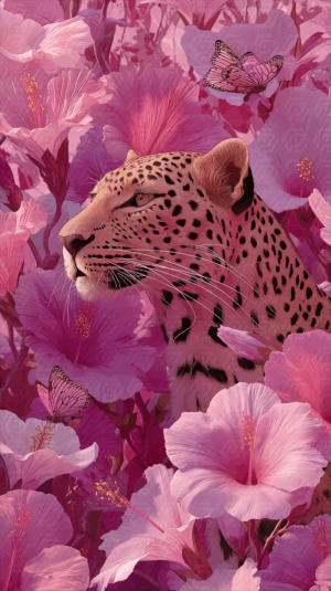 Leopard in Pink Flower Jungle With Butterflies and Soft Light