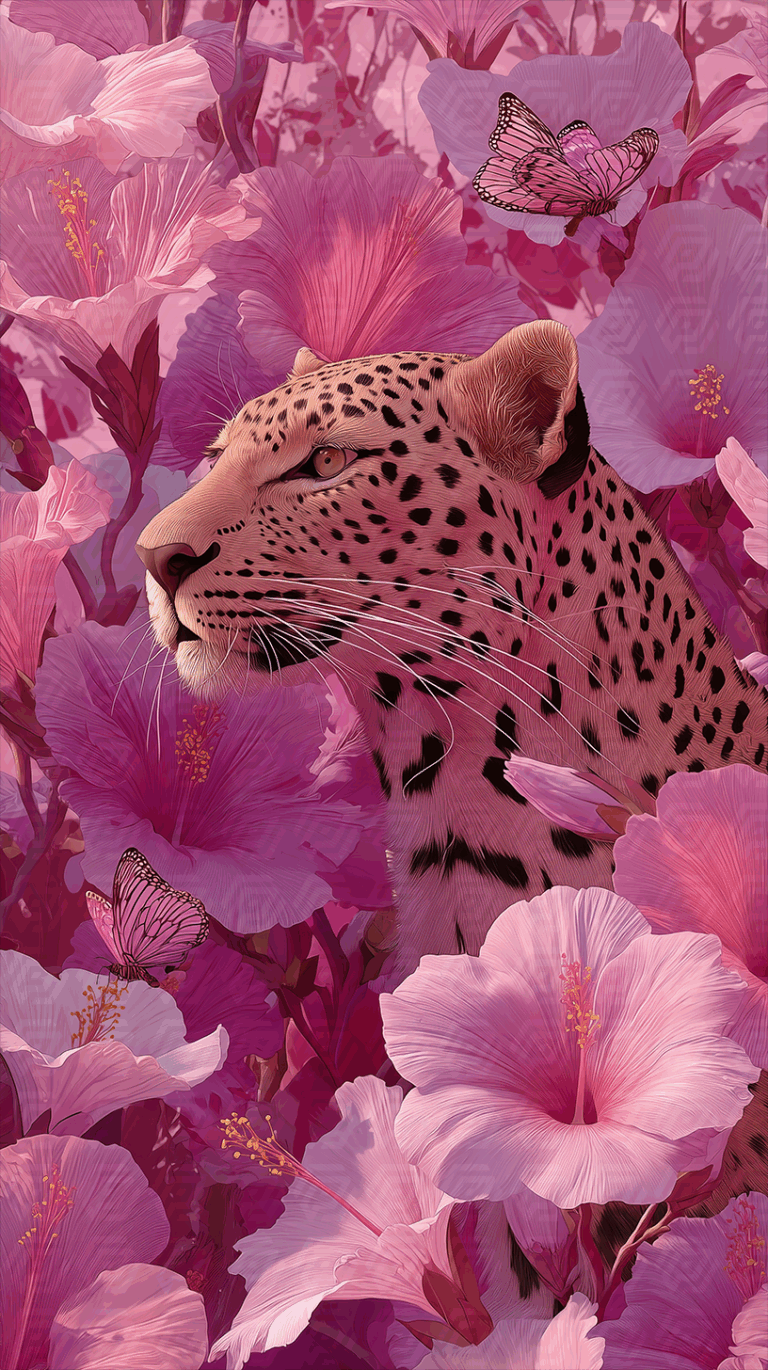 Leopard in Pink Flower Jungle With Butterflies and Soft Light