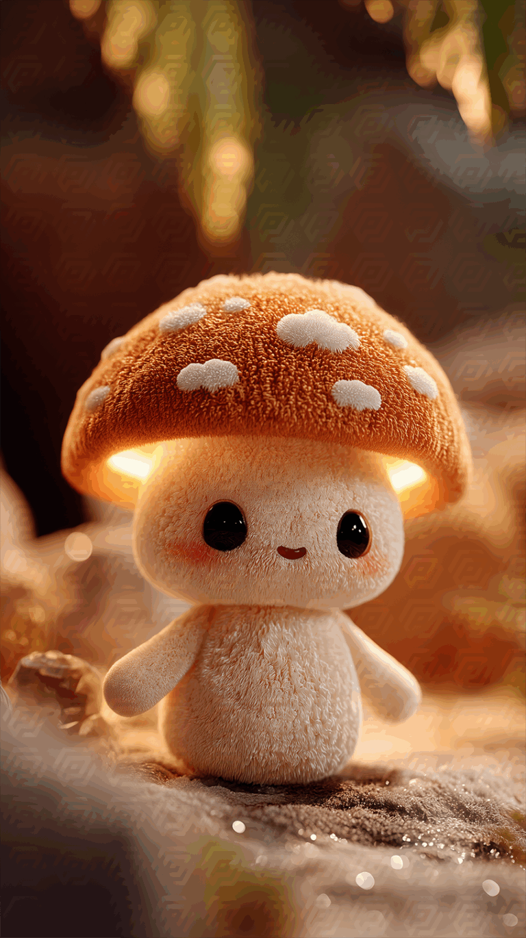Cute Mushroom Character Glowing In A Fantasy Forest