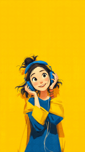 Playful Girl With Headphones Smiling In Yellow Backdrop