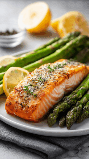 Herb-Crusted Salmon Fillet with Steamed Asparagus and Lemon Wedges