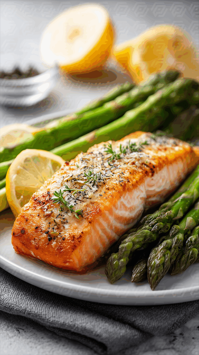 Herb-Crusted Salmon Fillet with Steamed Asparagus and Lemon Wedges